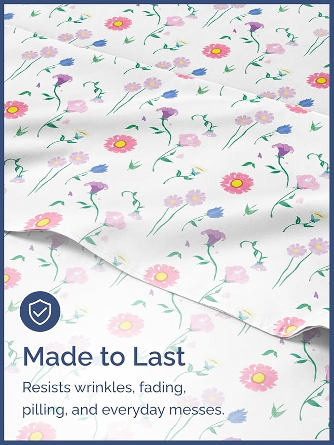 Kids King Size Bed Sheet Set - 4 Piece Kids Loft Bed Sheets - Floral Flower Themed Bedding - Soft, Cute - Breathable and Machine Washable - Pretty Pink Flower Bed Set for Boys, Girls, Teens & Toddlers