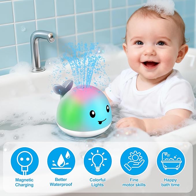 Original Magnetic Charging Whale Bath Toy, Light Up Baby Bath Toys for Kids Ages 1-3, Infant Baby Toy Bathtub Water Toy Sprinkler 1 2 3 Year Boys Girls Valentines Gifts Bath Toy 6-12-18 Months