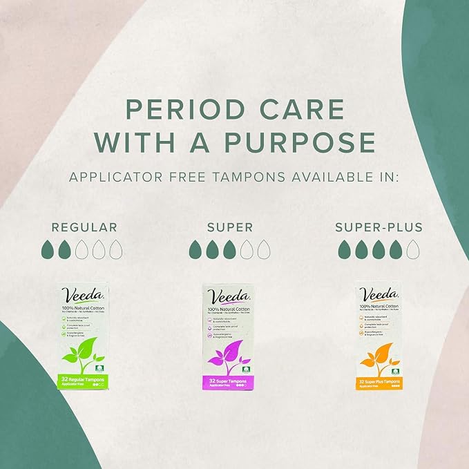 Veeda 100% Natural Cotton Tampons Super Absorbency - Non-Applicator Tampons with Leak Proof Protection - Unscented, Chlorine & Toxin Free - 16 Count (Pack of 2)