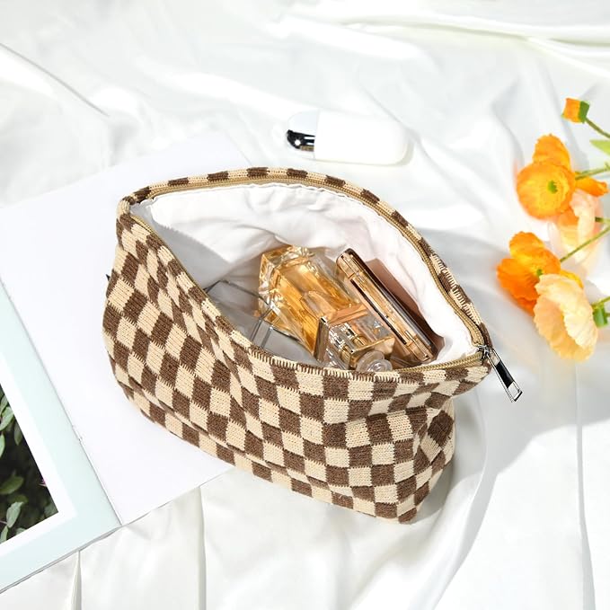 SOIDRAM 2 Pieces Makeup Bag Large Checkered Cosmetic Bag Capacity Canvas Travel Toiletry Bag Organizer Cute Makeup Brushes Aesthetic Accessories Storage Bag for Women, Brown checkered