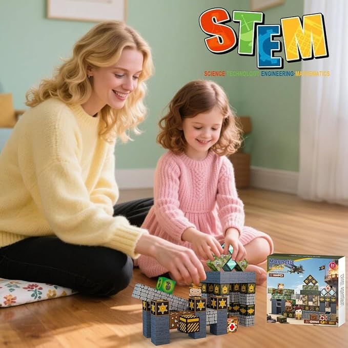 100PCS Magnetic Building Blocks,Magnetic Tiles Military Army Toy for Kids Ages 3 4 5 6 7 8,Stacking Magnets Toys for 4-8 Year Old Boys Girls,STEM Learning Toy Birthday for Toddlers 3-10