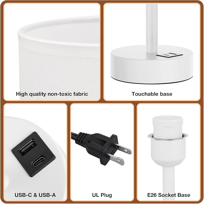 Dicoool White Touch Bedside Lamp for Bedroom - 3 Way Dimmable Table Lamp with USB, Nightstand Lamp with White Charging Station for Desk Dorm, Girl Kids Room, Small