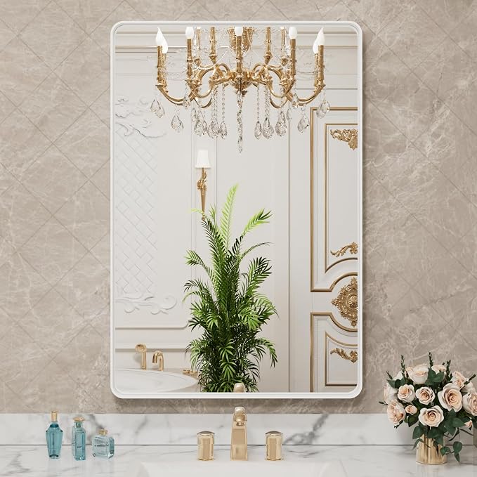 LOAAO White Metal Framed Bathroom Mirror, 30x36 Inch | Rounded Rectangle, Anti-Rust, Tempered Glass, Hangs Horizontally or Vertically