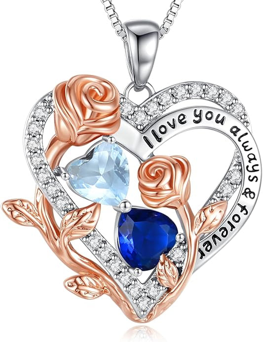 I Love You Birthstone Necklace, 925 Sterling Silver Heart Pendant with CZ Diamond Stones, Birthday Gifts for Women, Romantic Gift for Wife, Girlfriend, Her, Anniversary, Valentine's Day, Christmas