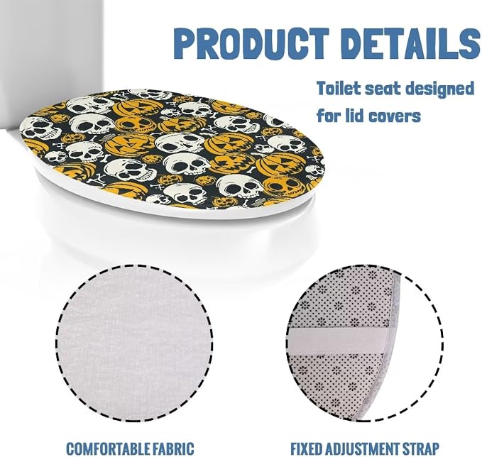 Toilet Seat Cover, Machine Washable Reusable Toilet Seat Cover, Suitable for Most Round, Elongated and Oblong Toilet Lid Cover-Halloween Skull Pumpkins