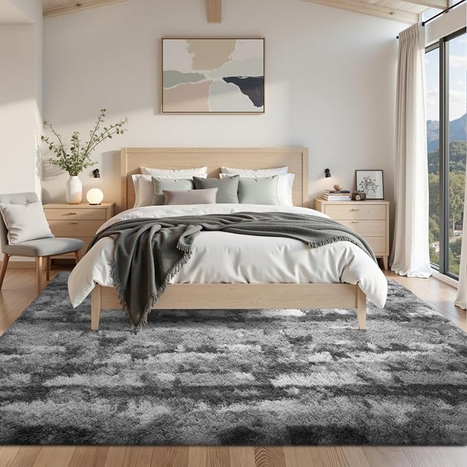 Area Rugs for Living Room 6x9 Feet, Soft Fluffy Shagg Plush Bedroom Rug Non-Slip,Large Carpet for Nursery Kids Dorm Home Decor Grey and White