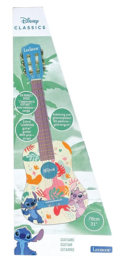 Lexibook, Disney Stitch, My First Wooden Acoustic Guitar, 6 Nylon Strings, 78 cm (30"), Learning Guide, Pick and Strap Included, Blue, K2000D