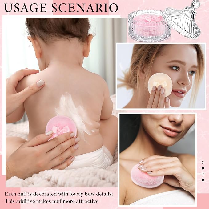 Tioncy 3 Pcs Large Body Powder Puff and Container Valentine's Day gift Powder Container with Puff Crystal Case Soft Washable Reusable Velour Face Body Glitter Wet Dry Makeup (Pink Bow,Clear)