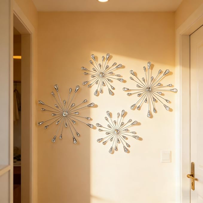 ZEXUIRU 4 Set Silver Starburst Wall Art for Home Decor Metal Bling Crystal Rhinestones Sunburst Wall Decor Sparkling Rhinestone Art Accent -Silver 13in/11.8in/9.8in/9.8in