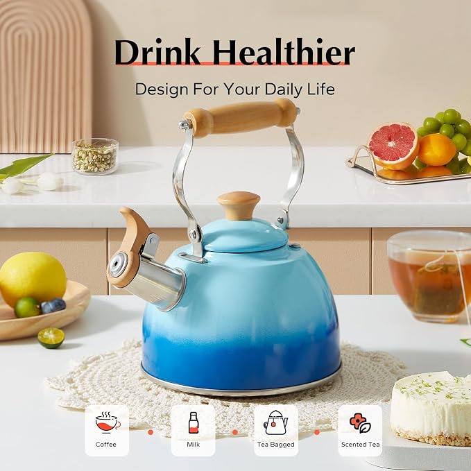 ROCKURWOK Tea Kettle, Tea Pot with Cool Touch Ergonomic Handle, Teapot Food Grade Stainless Steel, Tea Kettle Stovetop, Kettle Teapot, Whistling Tea Kettle, Small Tea Pot, 1.6 Quart (Blue)