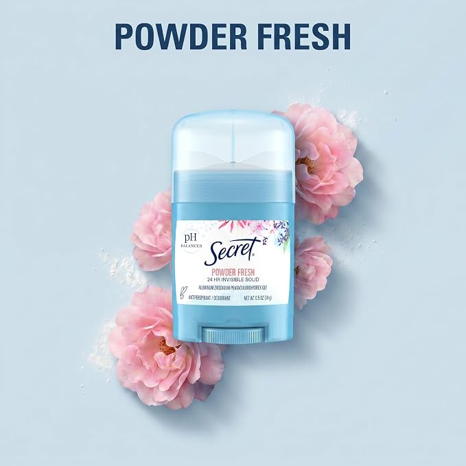 Secret Antiperspirant and Deodorant for Women, 24hr Sweat & Odor Protection, PH Balanced Protection, Gentle on Skin, Invisible Solid, Travel Size, Powder Fresh Scent, 0.5 oz (Pack of 24)