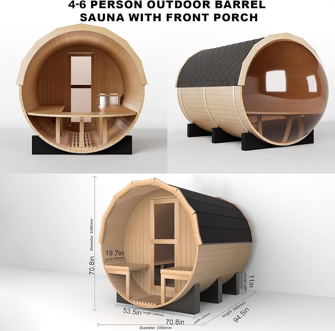 Outdoor Panoramic Barrel Sauna, 6-8 People Canadian Hemlock Steam Sauna, Garden Traditional Wooden Saunas with Canopy, 6KW TOULE Heating Furnace, Rocks, Water Bucket, Spoon, Light