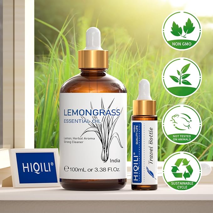 HIQILI Lemongrass Essential Oil for Diffuser, Outdoor Protection | Freshen Bathroom Kitchen Odor, and Use for Protective Spray, Ideal for Home Freshening & Outdoor Use -100mL / 3.38 fl oz