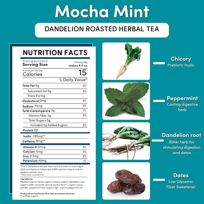 Teeccino Dandelion Mocha Mint Tea - Caffeine Free, Roasted Herbal Tea with Prebiotics, 3x More Herbs than Regular Tea Bags, Gluten Free - 10 Tea Bags