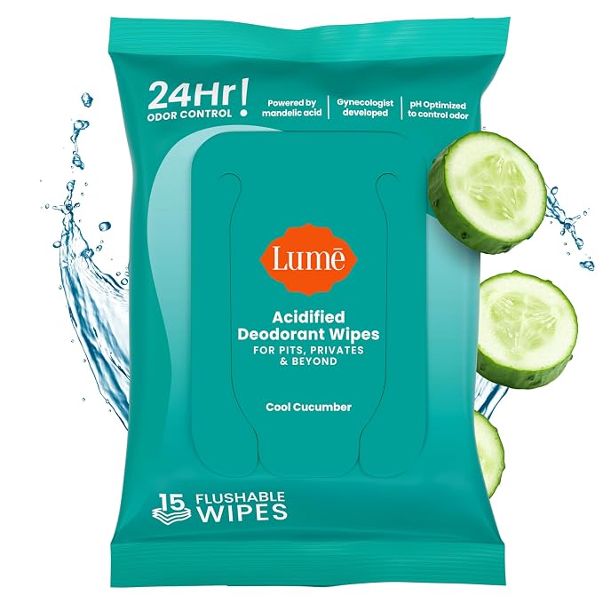 Lume Acidified Deodorant Wipes - 24 Hour Odor Control - Aluminum Free, Baking Soda Free, Skin Loving - Flushable - 15 Count (Cool Cucumber)