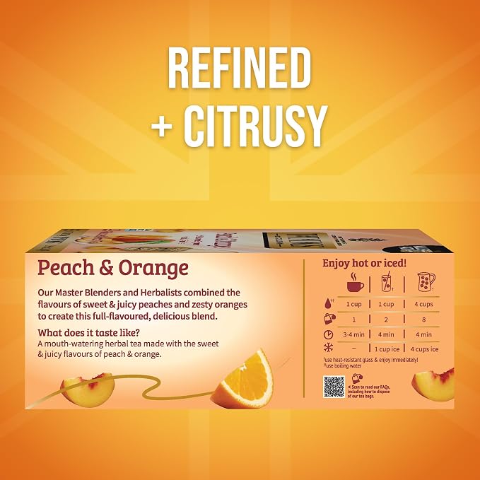 Twinings Peach & Orange Herbal Tea Individually Wrapped Bags, 100 Count (Pack of 1), Juicy & Fruity, Naturally Caffeine-Free, Enjoy Hot or Iced, 100 Teabags