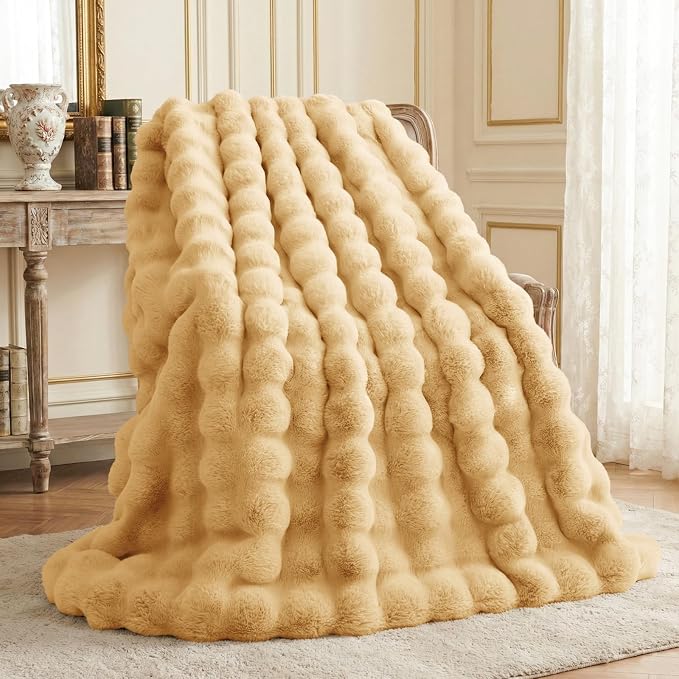 L'AGRATY Faux Rabbit Fur Throw Blanket for Couch, 50''x60'', Milk Tea Brown | Soft Cozy Bubble Fluffy Blanket for Sofa Bed, Thick Warm Plush Fuzzy Throw for Room Home Decor, Luxury Gift for Women Mom