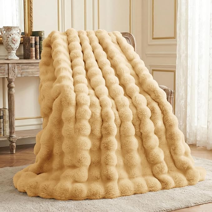 L'AGRATY Faux Rabbit Fur Throw Blanket for Couch, 60''x80'', Milk Tea Brown | Soft Cozy Bubble Fluffy Blanket for Sofa Bed, Thick Warm Plush Fuzzy Throw for Room Home Decor, Luxury Gift for Women Mom