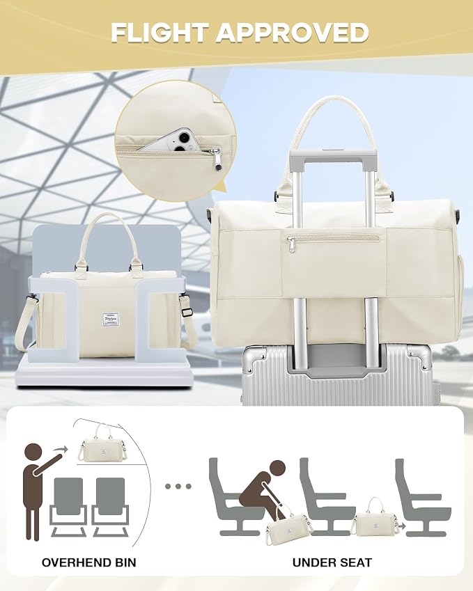 Gym Bag for Women Men Duffle Bags for Travel with Shoe Compartment Shoulder Weekender Overnight Carry on Tote Bags for Airplane Beach Bag Workout Yoga Sport Swimming Cream White