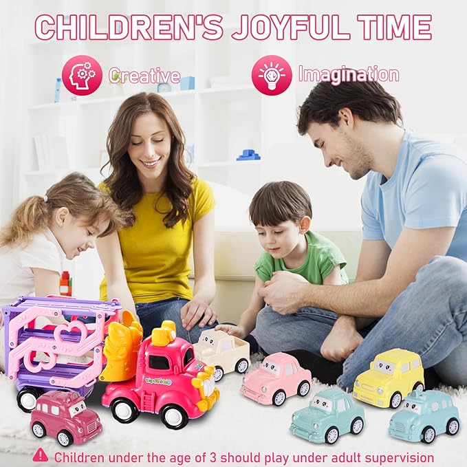 Toy Truck for 1, 2, 3, 4, 5, 6+ Year Old Girls, 7-in-1 Foldable Truck with Light & Music Educational Toy for Toddlers Great Gift for Girls