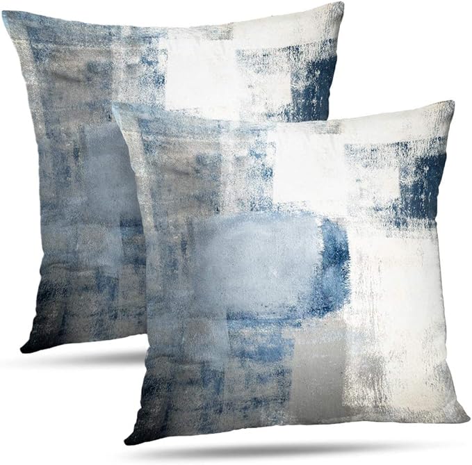 Set of 2 Blue and Grey Art Artwork Contemporary Decorative Gray Home Decorative Throw Pillows Covers Cushion Cover for Bedroom Sofa Living Room 18X18 Inches