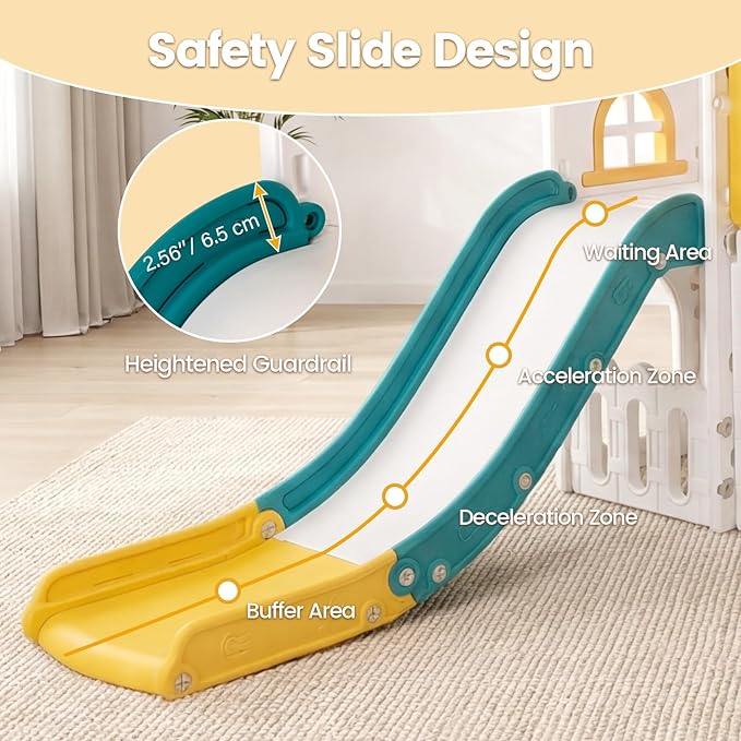 OLAKIDS Toddler Slide, Kids Indoor Outdoor Playground with Climber Basketball Hoop Telescope Tunnel Corridor Toy Storage Steering Wheel for Boys Girls Aged 1+ (Yellow, 70'')