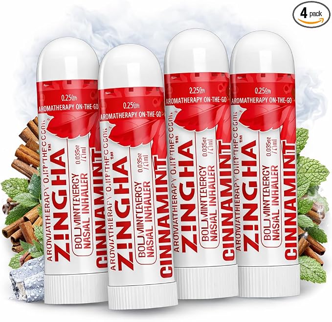 Z!NGHA Natural Aromatherapy Nasal Inhaler Stick for Sinus Relief, Focus & Stress Relief | Portable Dual-Hole Essential Oil Blend (4PK, Cinnamint)