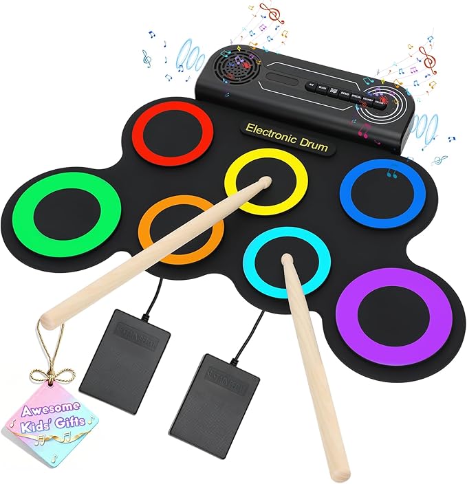 Electronic Drum Set, 7-Pad Kids Electric Drum Set Dual Stereo Speaker, MIDI. Portable Roll Up Drums Practice Pad for Kids, Perfect Birthday&Christmas Gift for Boys&Girls
