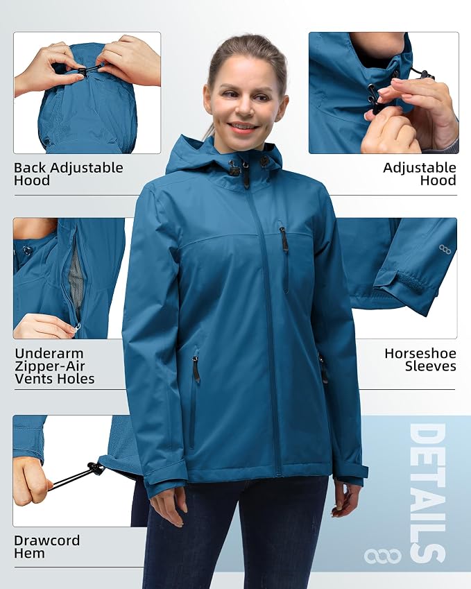 33,000ft Packable Rain Jacket Women Lightweight Waterproof Raincoat with Hood Cycling Bike Jacket Windbreaker