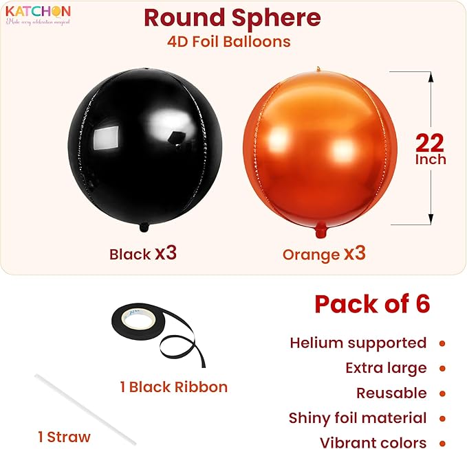 Katchon, Huge, Metallic Orange and Black 4D Foil Balloons - 22 Inch, pack of 6 | Halloween Decorations Indoor with Halloween Balloons | Fall Decorations For Home, Thanksgiving decorations Indoor