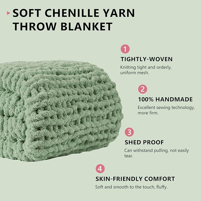 L'AGRATY Chunky Knit Throw Blanket for Couch, 72 x 84 Inches, Sage Green | Handmade Chenille Crochet Blanket for Sofa Bed, Thick Cable Knitted Blankets for Room Home Decor, Birthday Gift for Women Mom