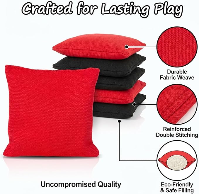 RAINFLOW 8 PCS Cornhole Bags - Bean Bags for Cornhole, 4 Black and 4 Red for Tossing, Game, Outdoor, Wedding, Sports, Party(Black & Red)