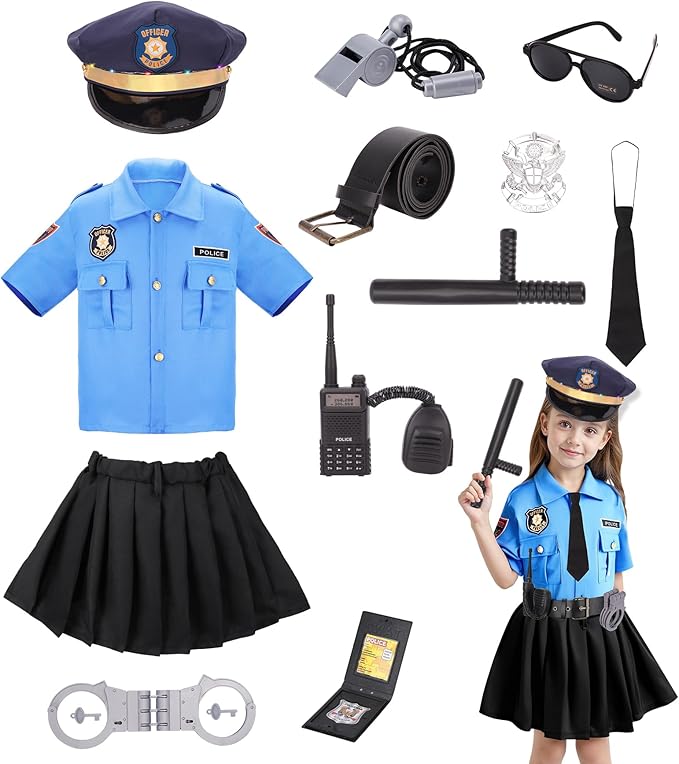 Meland Police Officer Costume for Girls - Halloween Dress Up for Girl Age 3-12, Role Play Outfit for Halloween Career Day