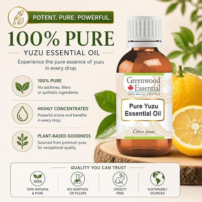 Greenwood Essential Yuzu Oil (Citrus Junos) | Cold Pressed | Natural | Undiluted | for Diluting Essential Oils | for Skin & Massage | Men & Women | 30ml (1 oz)