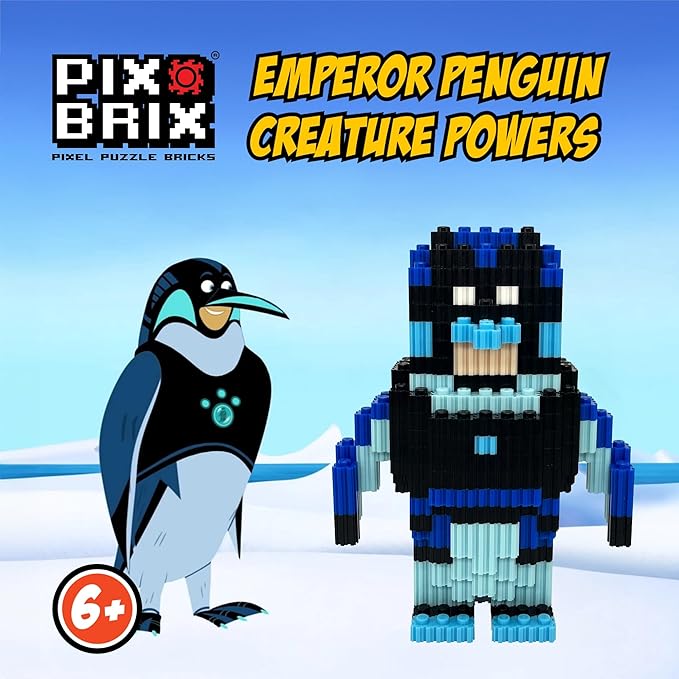 Pix Brix - Wild Kratts Pixel Art Kit - Emperor Penguin, 1482 Pieces - Patented Slide + Stack Pixel Puzzle Building Bricks, Build & Collect Wild Kratts Creature Powers - Stem Toys, Ages 6 Plus