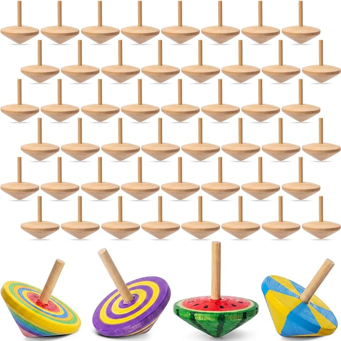 DoubleFill 48 Pcs Bulk End of Year Student Gifts, DIY Unfinished Wooden Spinning Tops for Kids End of Year Craft Kit Teacher to Student Gifts Art Supplies for Classroom Activities Party Favor