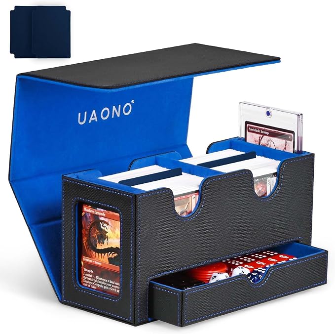 UAONO Card Deck Box for MTG, Double Deck Storage Box with 2 Commander Display & 1 Dice Tray, Fits 200+ Double Sleeved, Card Organizer for CCG TCG Sports (Black Blue)