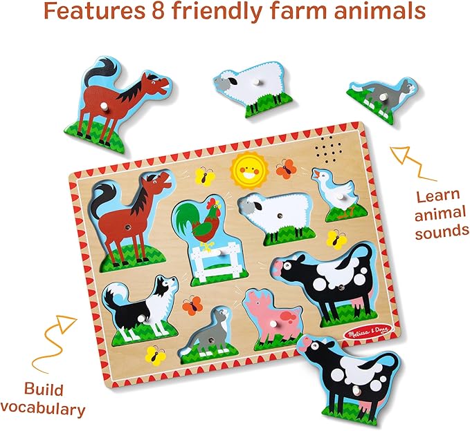Melissa & Doug Farm Animals Sound Puzzle – 8-Piece Wooden Peg Puzzle with Light-Activated Sounds, Music Learning Toy for Toddlers and Preschoolers Ages 2+