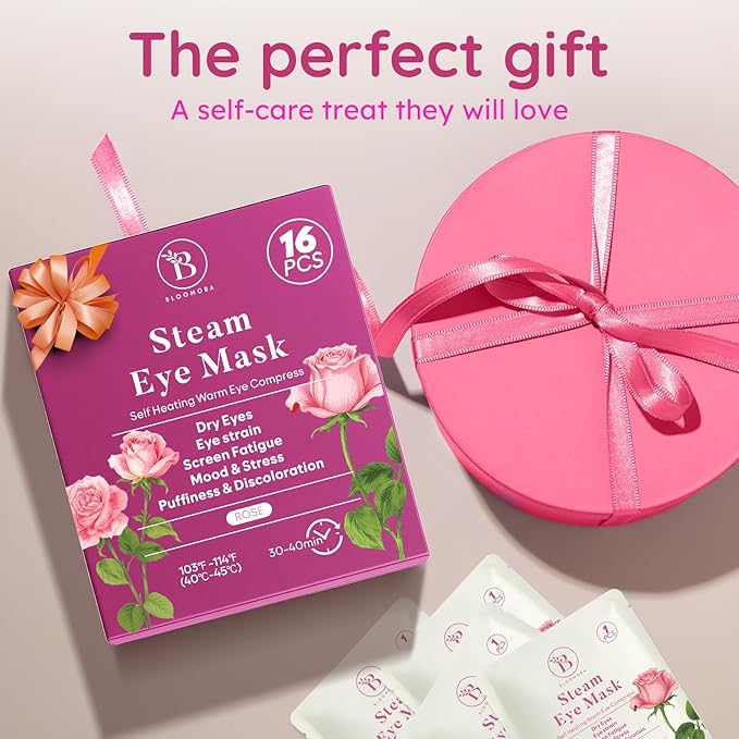 16 Pack Rose Steam Eye Mask for Dryness, Puffiness, Strain & Relaxation, Heated Eye Mask for Sleep & Travel, Self-Heating & Disposable Warm Compress, Travel Essentials, Relaxation Gifts for Women