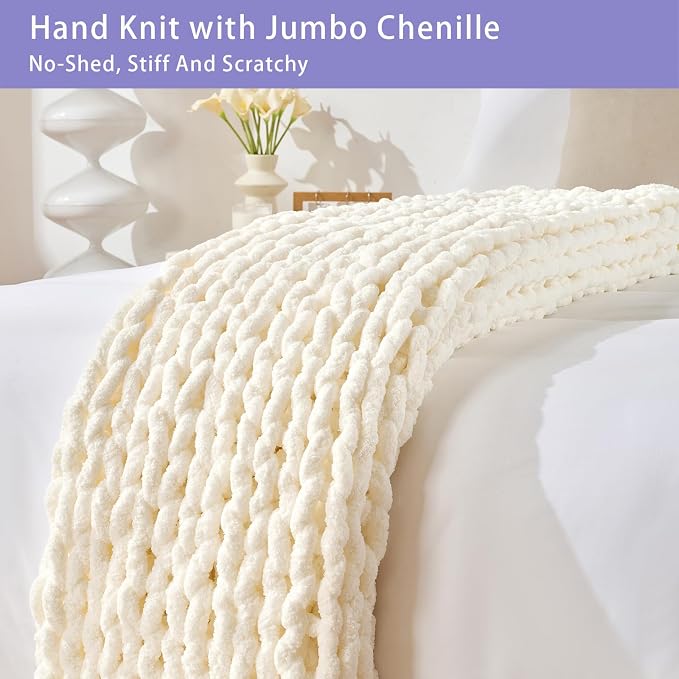 Bigacogo Chunky Knit Throw Blanket for Couch, 40x80 inches, Ivory | Hand Knit with Jumbo Chenille, Soft Breathable Cable Knit for Sofa Bed Living Room, Machine Washable, Gift for Mom Friend