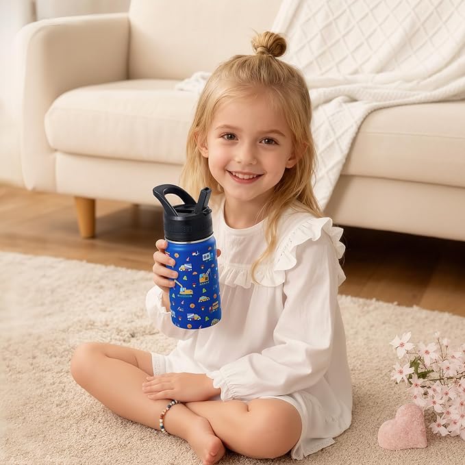 Kids Water Bottle,14oz Stainless Steel Insulated Water Tumbler Leak-Proof,School Water Mug,Small and Portable,Suitable for Boys and Girls to Use(Blue cartoon car)