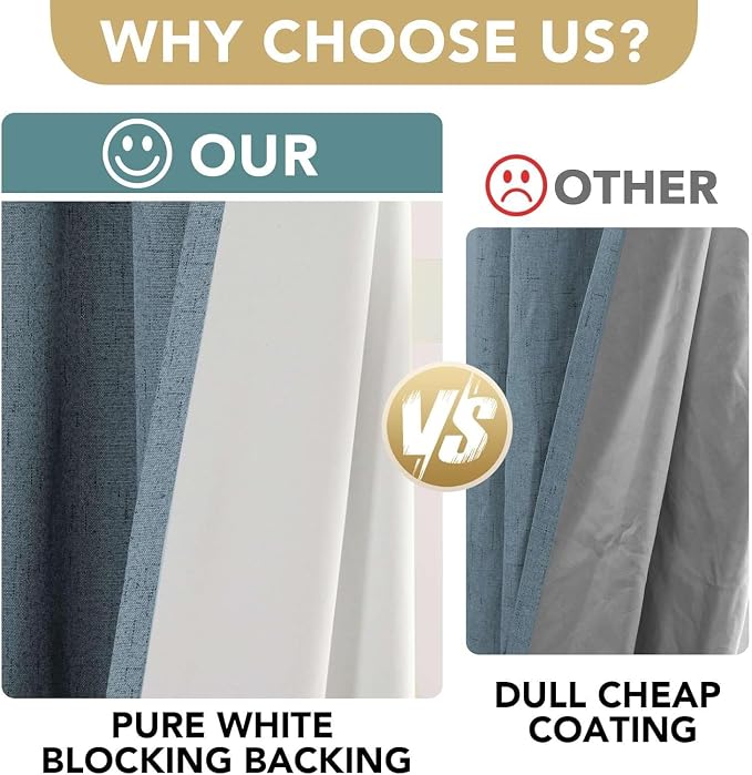 H.VERSAILTEX Linen Curtains 100% Blackout Curtains for Bedroom 102 inch Long Full Light Blocking Nature Linen Blended Window Curtains for Living Room Nickel Grommet (2 Panels, Stone Blue)