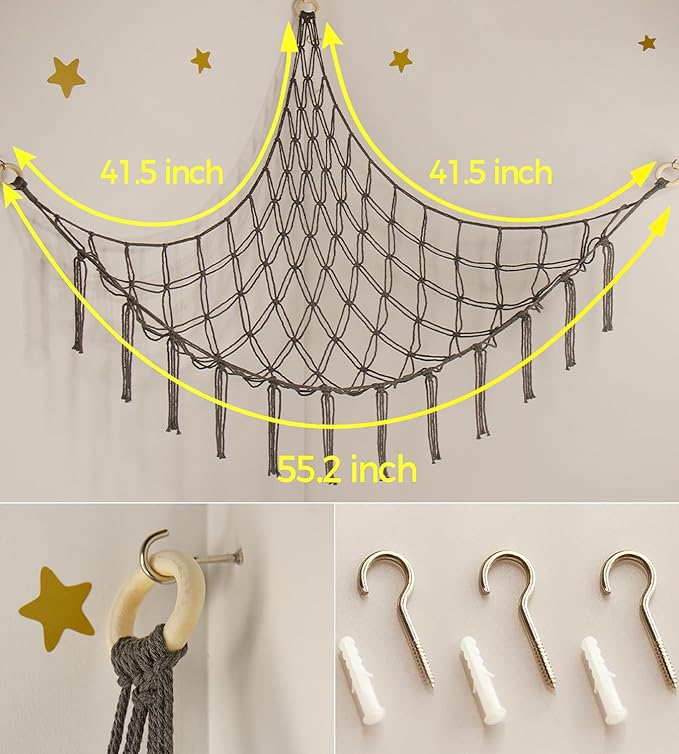 Stuffed Animals Hammock Net Corner-Hanging Stuff Animal Toy Storage Organizer for Plush Plushie Room Bedroom Nursery Decor Toy Storage Organization