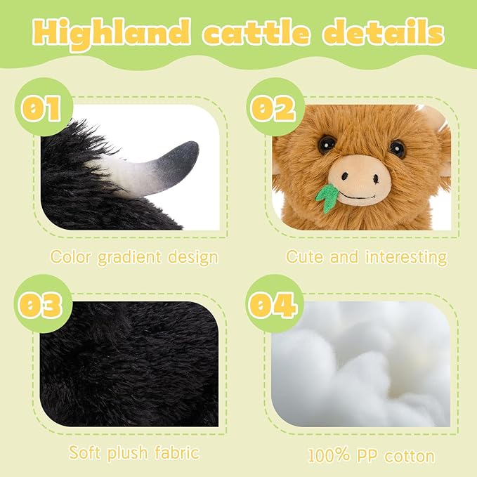 Muiteiur 21.6 Inch Highland Cow Stuffed Animal with 3 Baby Cows, Plush Highland Cattle Mother with Cute Messy Plush, Soft Black Cattle Toy Set for Kids Girls Boys