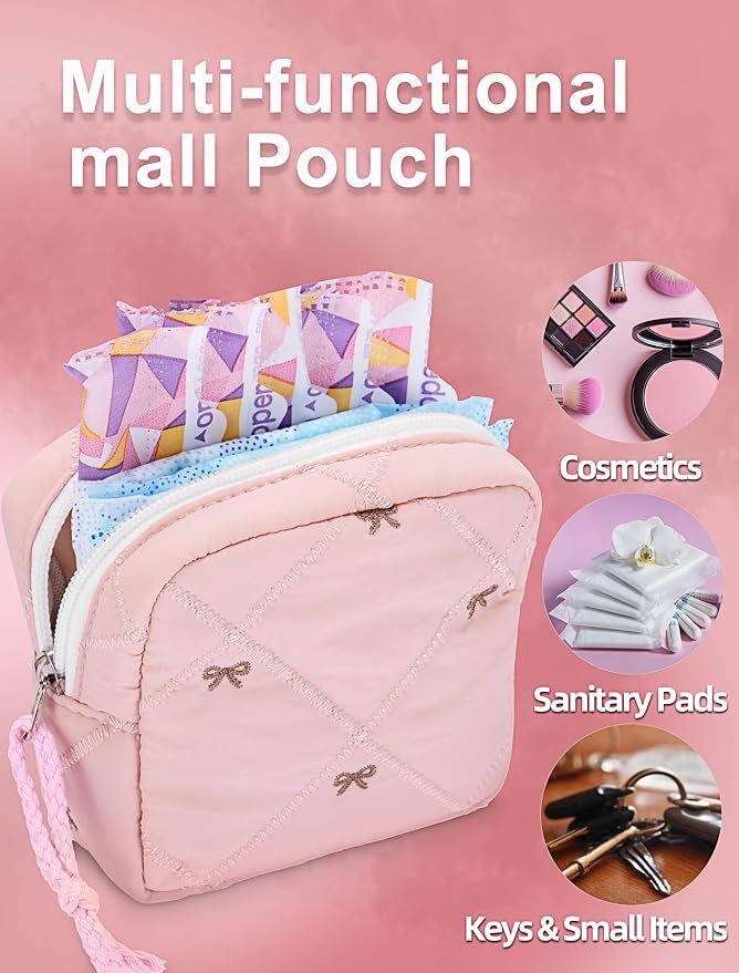 Period Bag for Girls, Quilted Period Pouch for Women, Sanitary Napkin Storage Bag Menstrual Pad Pouches Tampon Holder for Purse Pad Bag Gifts for Teen Girls(Pink)