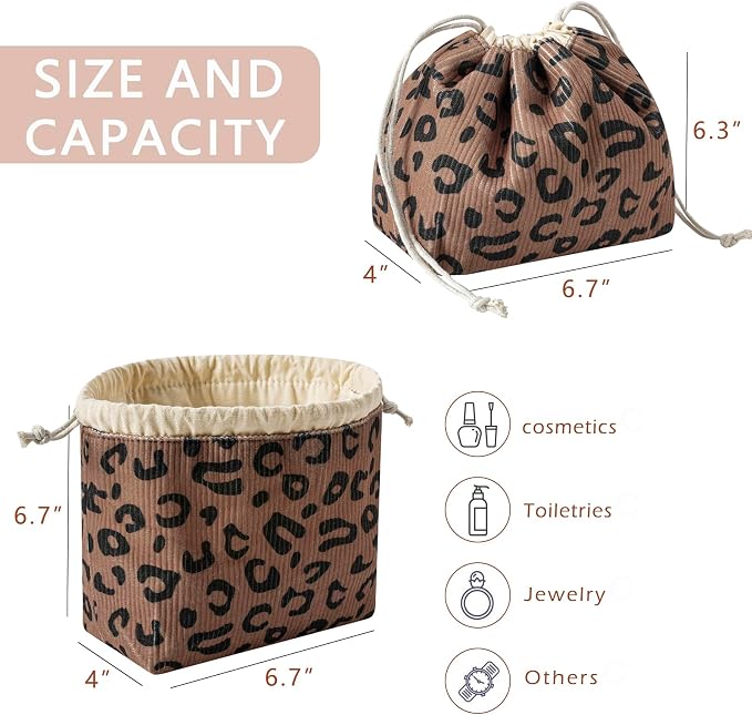 RSRSLEII Aesthetic Corduroy Drawstring Makeup Bag, Cute Coquette Drawstring Cosmetic Bag with Canvas Lining, Leopard Print Travel Makeup Organizer Case for Women Girls (10 Brown Leopard Print)