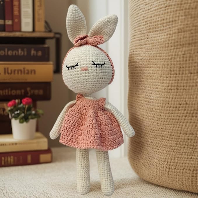Crochet Baby Stuffed Animal Bunny, Rabbit Handmade Plush Doll Toys with Pink Dress, Stuffed Animal Knitted Doll with Rattle Baby Sleep Toy（11 Inches）