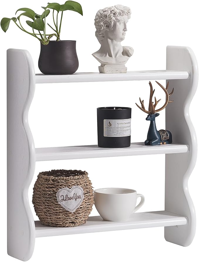 100% Solid Wood Wall Shelf 3-Tier, Vintage Shelves Wall Mounted Storage Rack, Farmhouse Trinket Shelf Home Decor Display Shelves for Apartment, Living Room, Bathroom and Bedroom