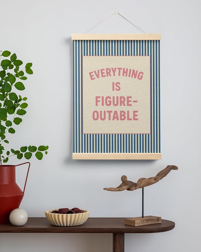 FGFK Everything is Figureoutable Positive Affirmations Wall Art Poster Hanger Frame, Retro Pink and Blue Inspirational Striped Canvas Prints Framed Wall Decor for Office Classroom Home, 12x16 Inch