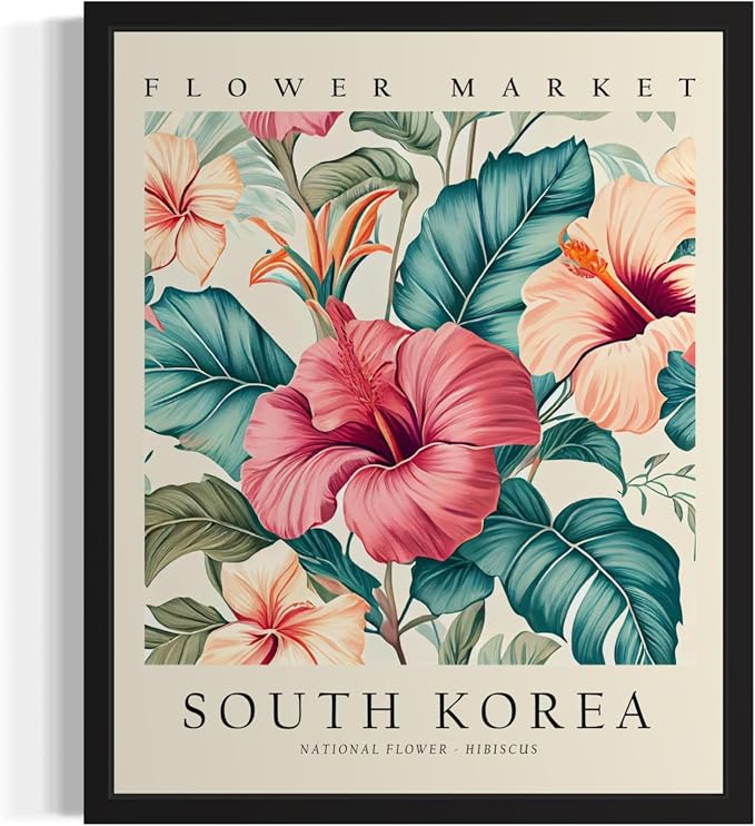 South Korea Art Print Poster, Flower Market Wall Art, Floral Artwork Decor for Bedroom, Kitchen, Bathroom, Livingroom Decoration 52 (South Korea, Hibiscus, 10"L x 8"W, Unframed)